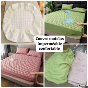 Couvre matelas imperméable confortable à design carré avec 2 taies d’oreille