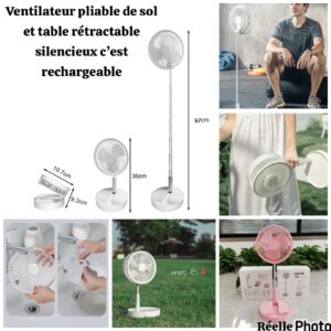 Ventilateur pliable blanc, posé sur une table, avec hauteur ajustable et design moderne.